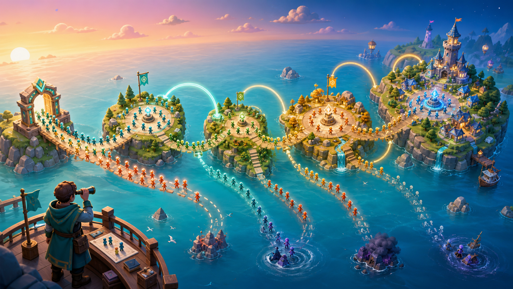 Color-coded player cohorts travel from a launch gate across onboarding, progression and live-operations islands, with some paths fading and healthy cohorts returning through luminous loops.
